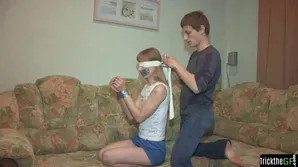 Girl blindfolded has sex with her